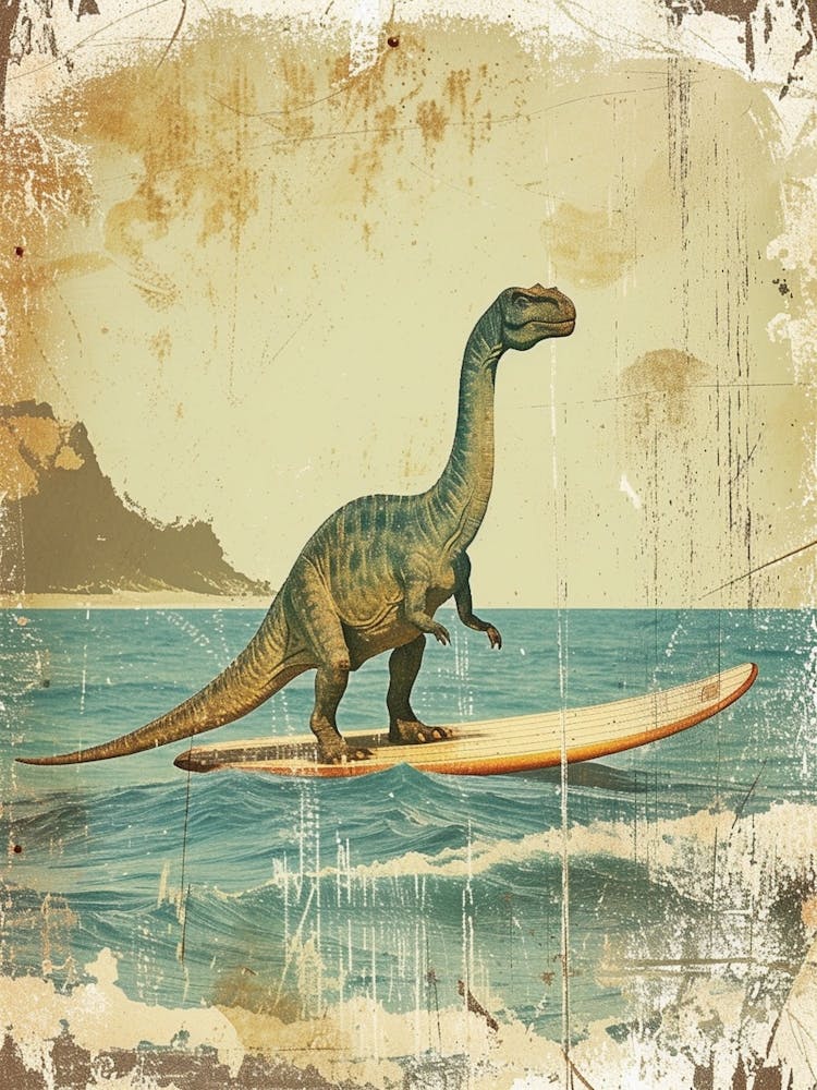Vintage Diplodocus Dinosaur On A Surf Board 4