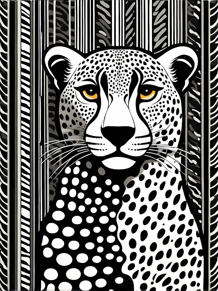 Cheetah Lino cut Black And White Lines, animal art, 157