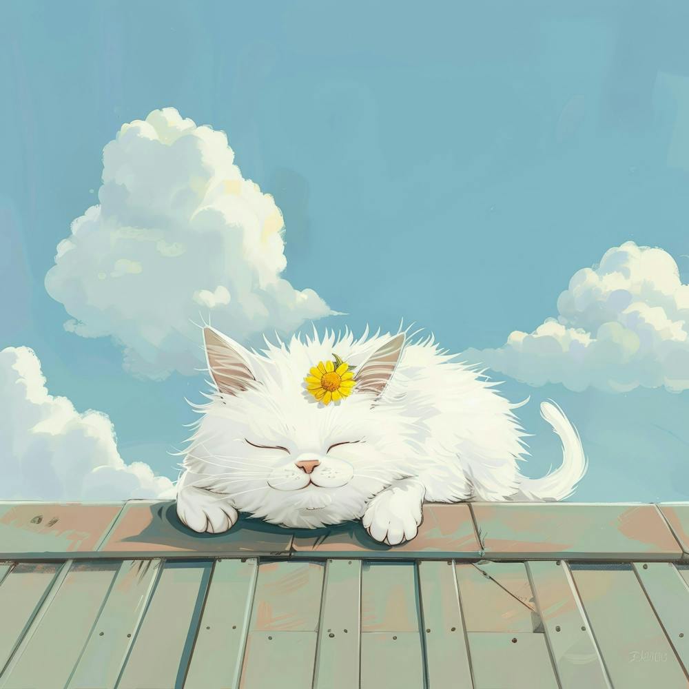 White Cat Sleeping On Roof