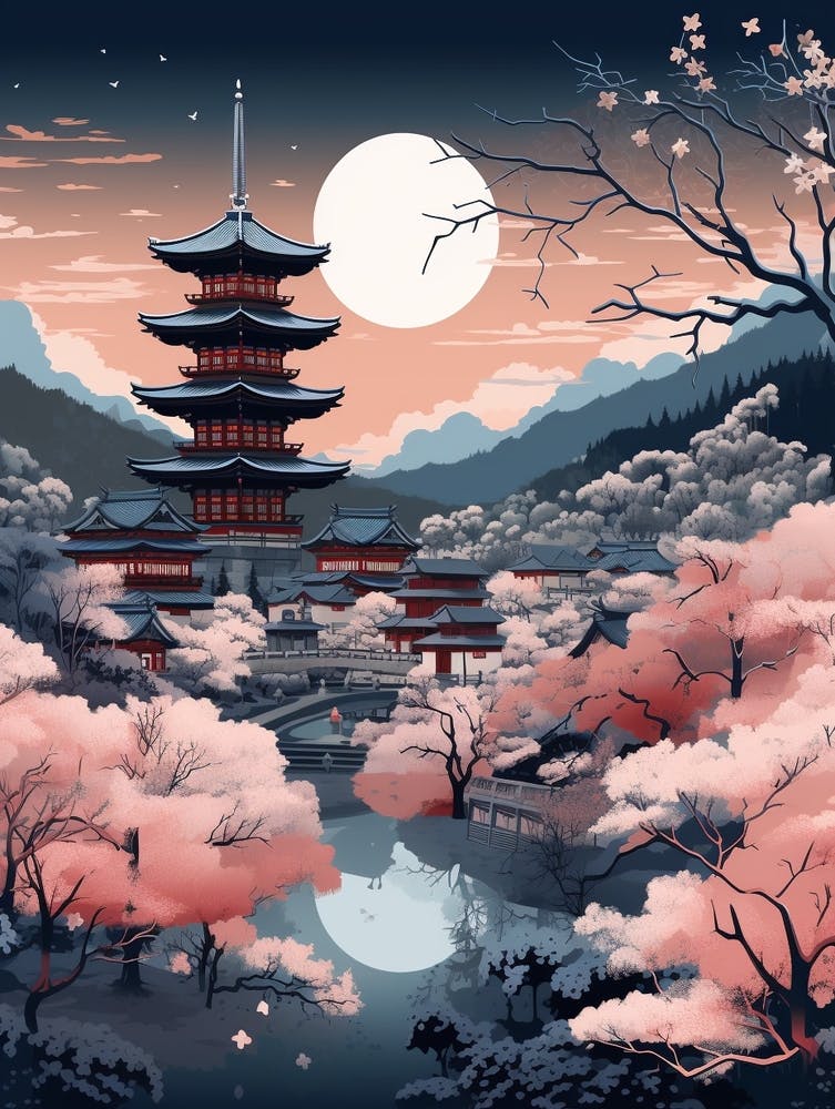Winter Travel Night Illustration Kyoto Japan 2