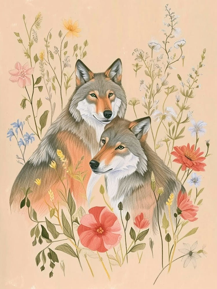Folksy Floral Animal Drawing Wolf 5