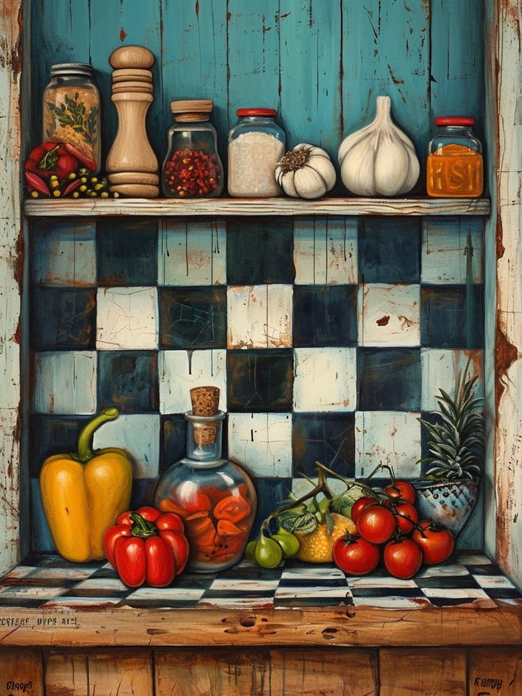 Kitchen Ingredients On A Shelf Blue Checkerboard