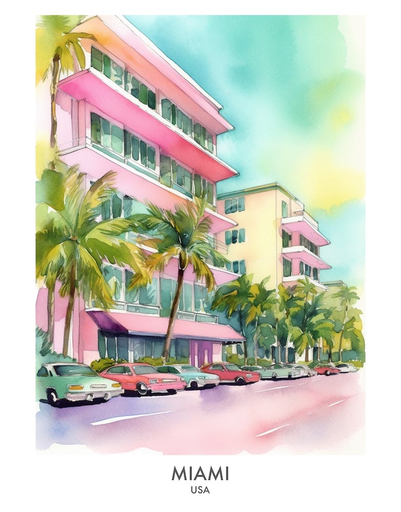 Miami Watercolour Travel Poster