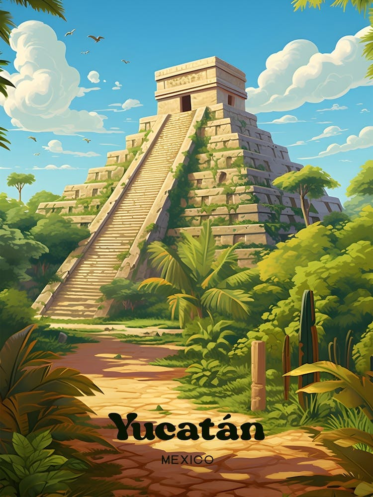 Yucatan Mexico Mayan Pyramid Travel Illustration