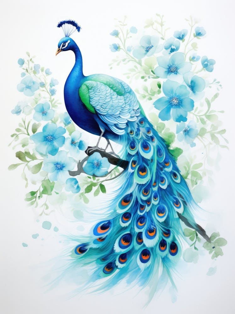 Peacock With Blue Flowers