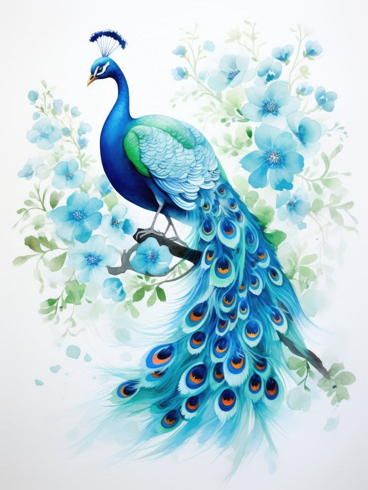Peacock With Blue Flowers