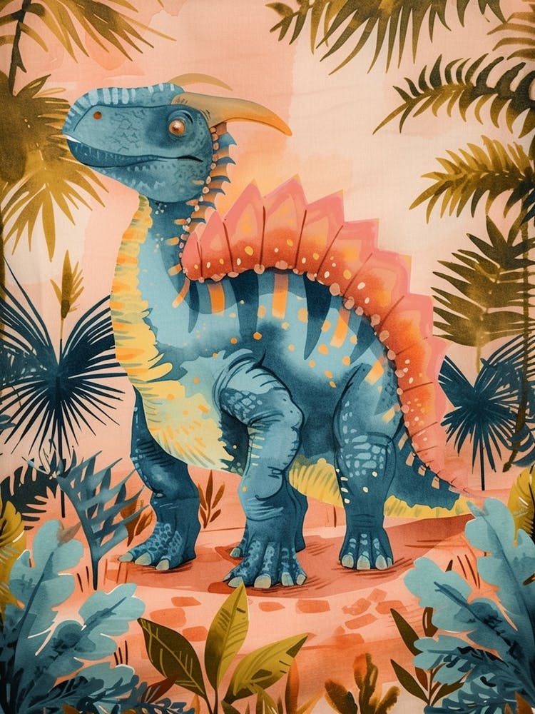 Blue Coral Pastel Watercolour Pachycephalosaurus Dinosaur