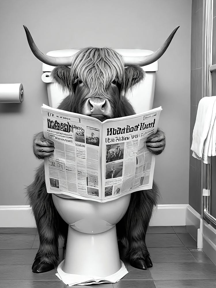 Highland Cow Reading Newspaper On Toilet Print, Funny Bathroom Wall Art, Black And White, Printable Kids Bathroom Decor