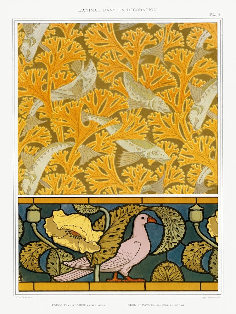 Fish And Seaweed; Pigeon And Poppies, Stained Glass From The Animal In The Decoration, Maurice Pillard Verneuil
