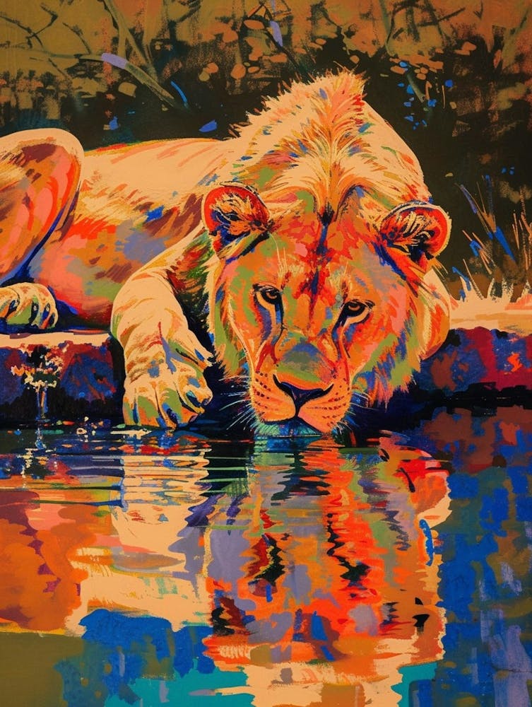 Asiatic Lion Drinking From A Watering Hole Fauvist Painting 3