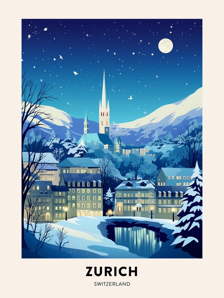 Winter Night  Travel Poster Zurich Switzerland 1