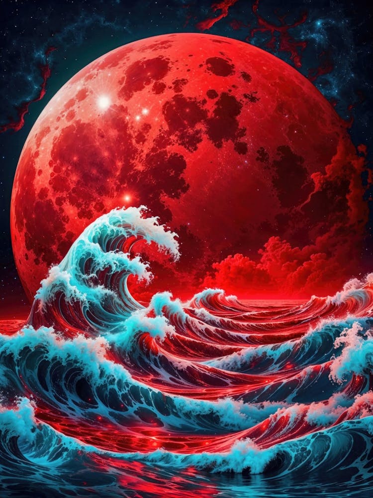 Night unveils a red full moon, casting its glow on the Great Wave of Kanagawa — a cosmic fusion of red beauty and the rhythm of water.