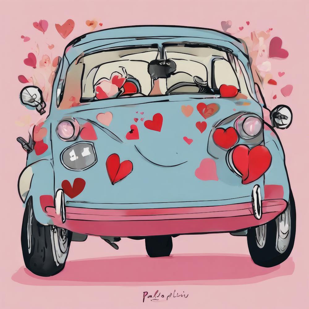 Ride on Love - Whimsical Journey in a Vintage Car Full of Hearts