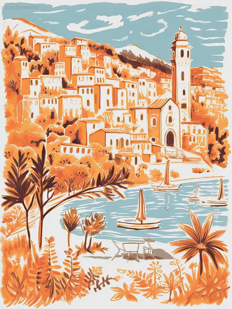 Italy, Portofino Cute Illustration In Orange And Blue 0