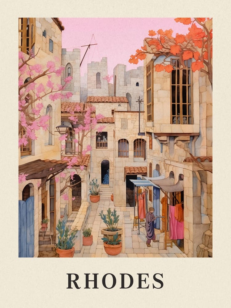 Rhodes Greece 3 Vintage Pink Travel Illustration Poster