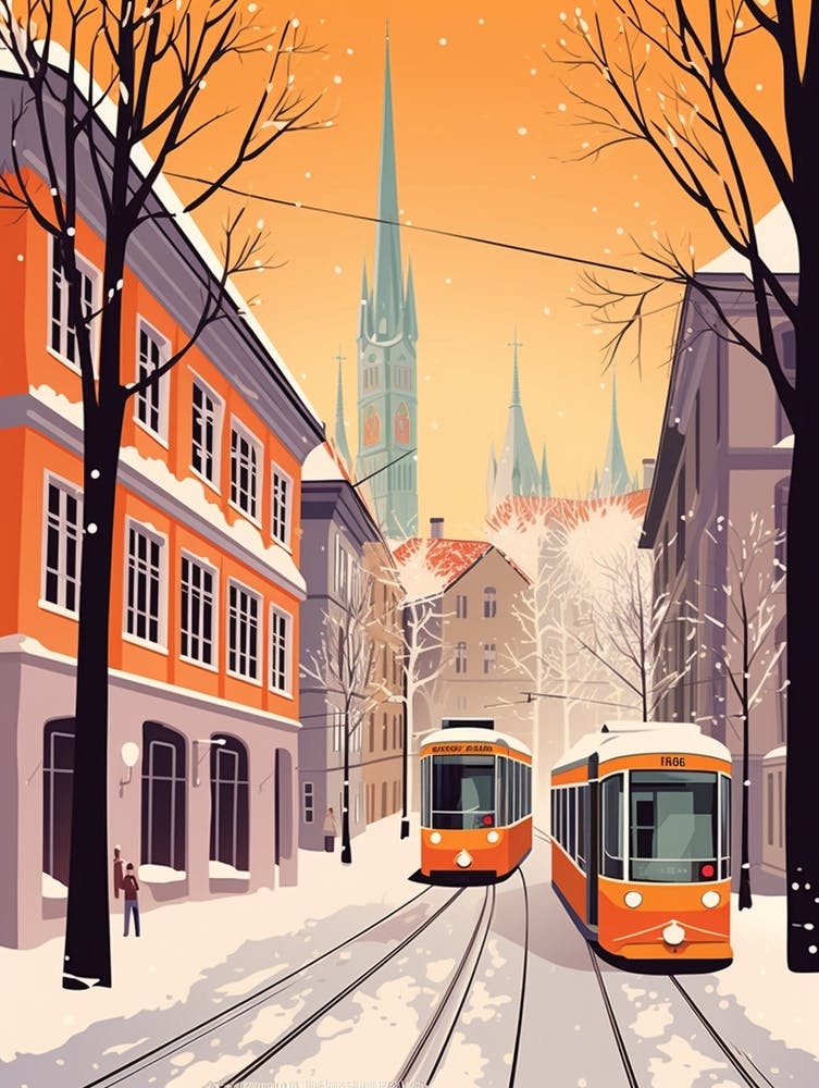 Vintage Winter Travel Illustration Munich Germany 2