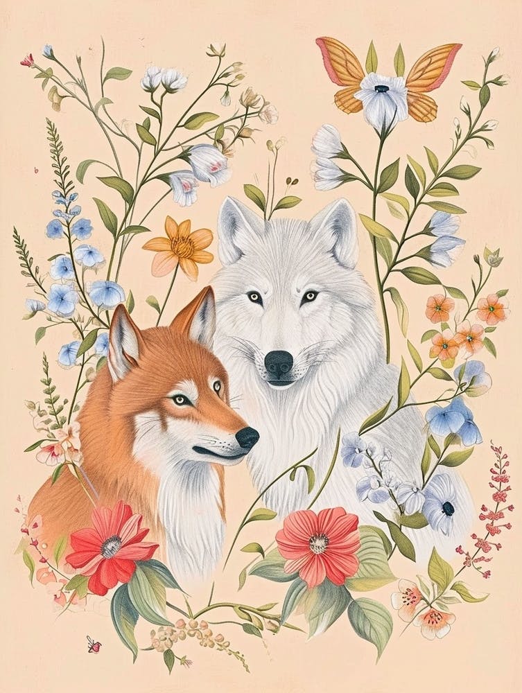 Dessin animalier floral folklorique - Loup 2