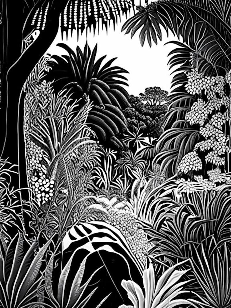 Jardin Exotique De Monaco, Monaco Linocut Black And White Vintage