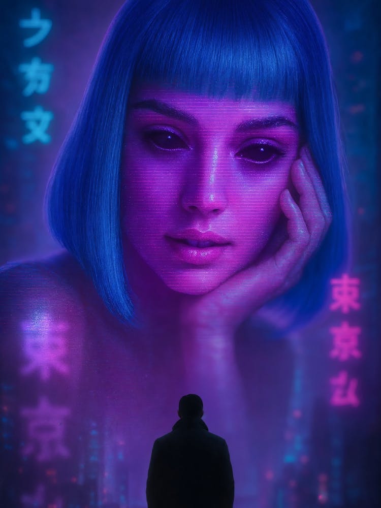 Blade Runner Neon Joi Art: Immerse yourself in the neon-lit dystopia of Blade Runner with this cyberpunk poster featuring Joi — the hologram girl of love and longing. A stunning blend of synthwave, romance, and Japanese-inspired noir, it's perfect for fans of beautiful sci-fi cinema and futuristic city vibes.