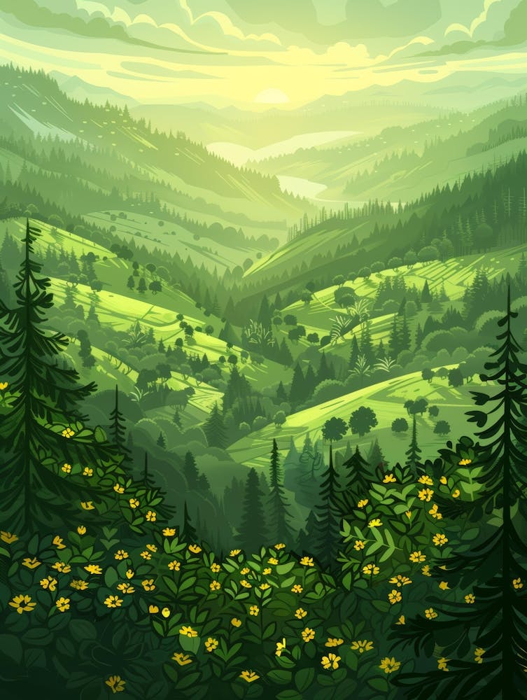 Landscape With Trees And Flowers