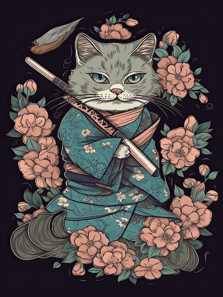 Cute Samurai Cat In The Style Of William Morris 4