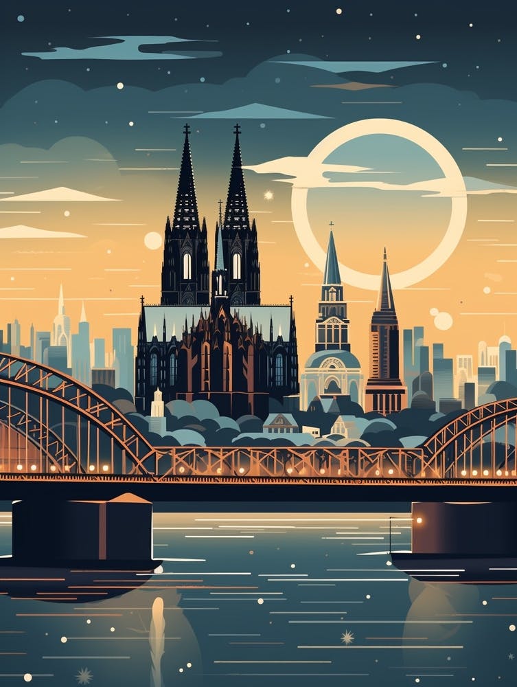 Winter Travel Night Illustration Cologne Germany