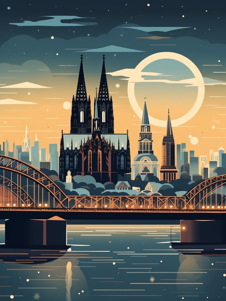 Winter Travel Night Illustration Cologne Germany