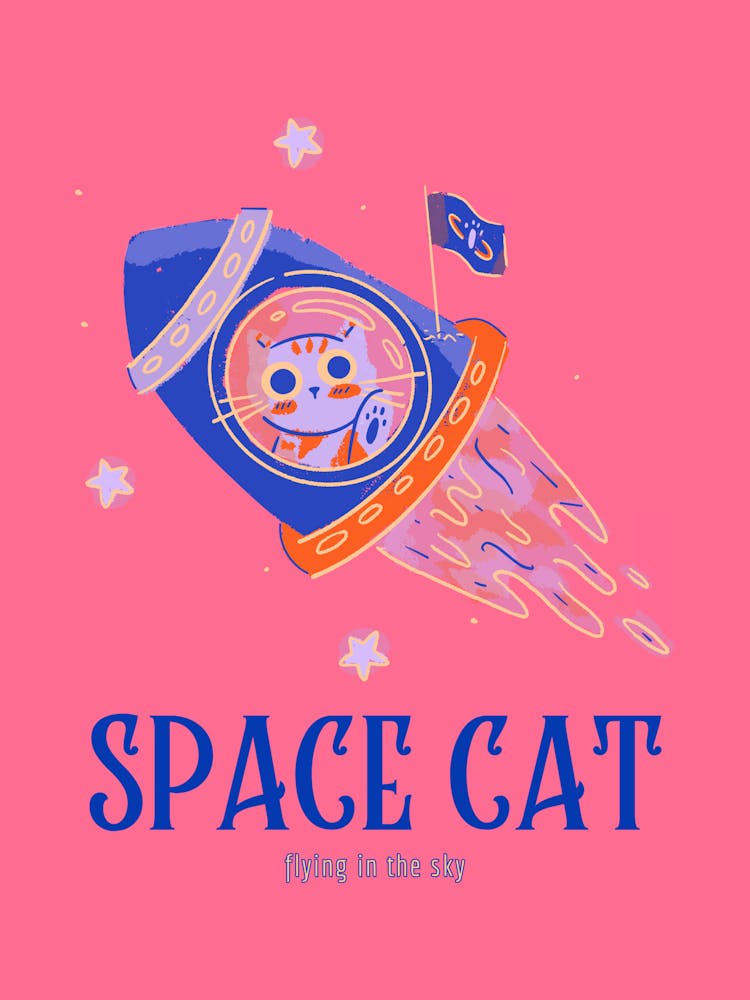 Space Cat Poster Pink – Astronaut Cat in Rocket Wall Print