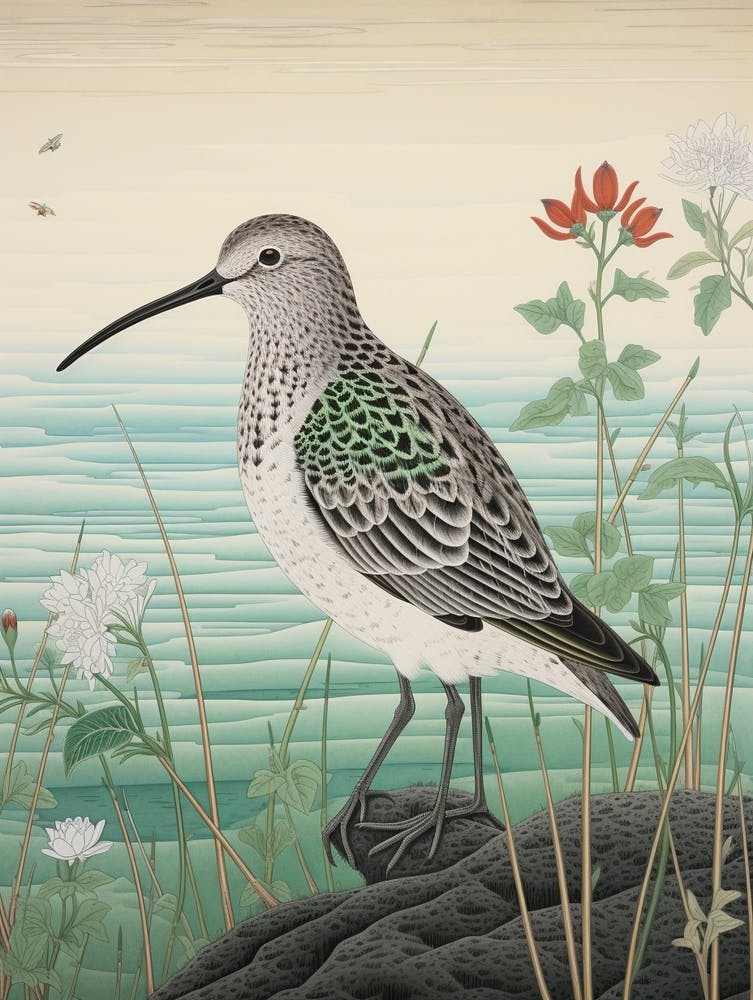 Ohara Koson Inspired Bird Painting Dunlin 4