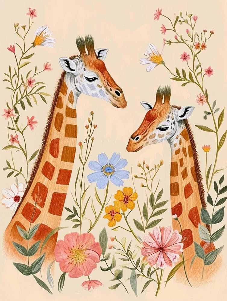 Folksy Floral Animal Drawing Giraffe
