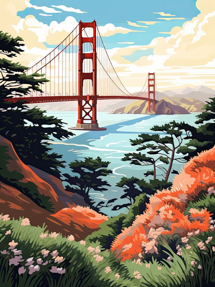 The Golden Gate Bridge   San Francisco, Usa   Cute Botanical Illustration Travel 3