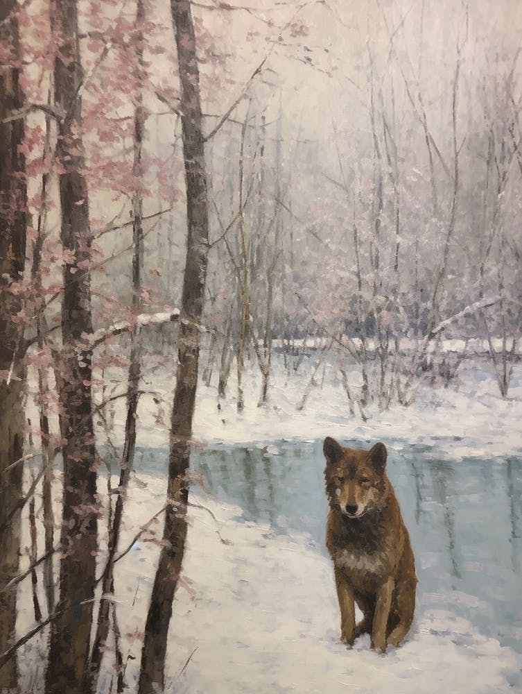 Vintage Winter Animal Painting Red Wolf 5