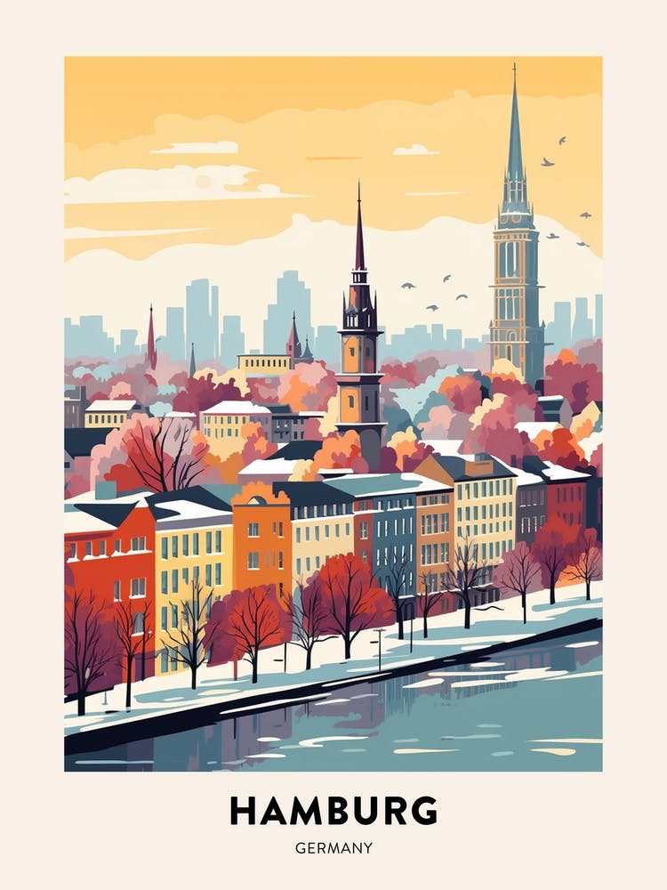 Vintage Winter Reiseposter Hamburg Deutschland 1