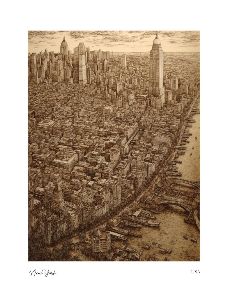 New York Usa Pencil Sketch 4 Watercolour Travel Poster