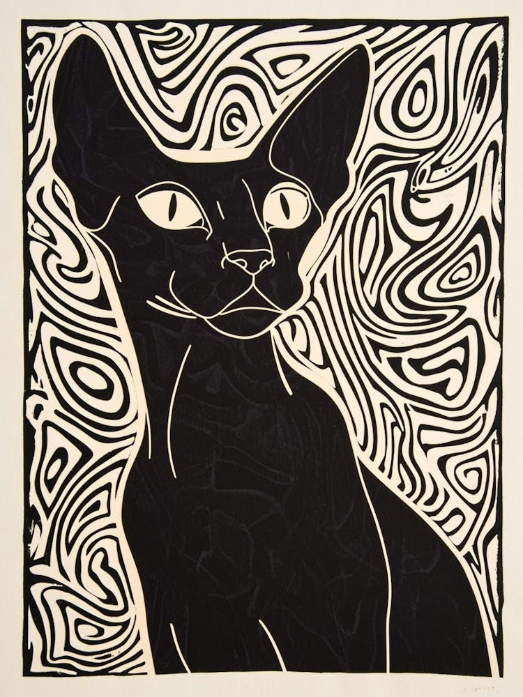 Oriental Shorthair Cat Linocut Blockprint 4