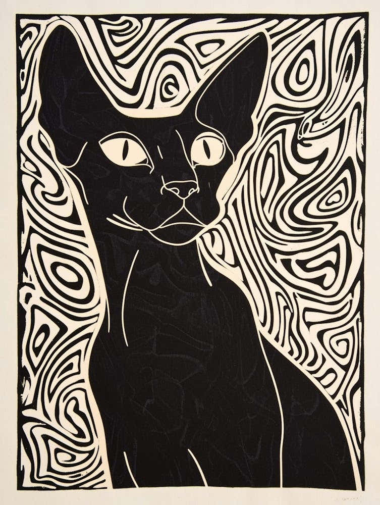 Oriental Shorthair Cat Linocut Blockprint 4