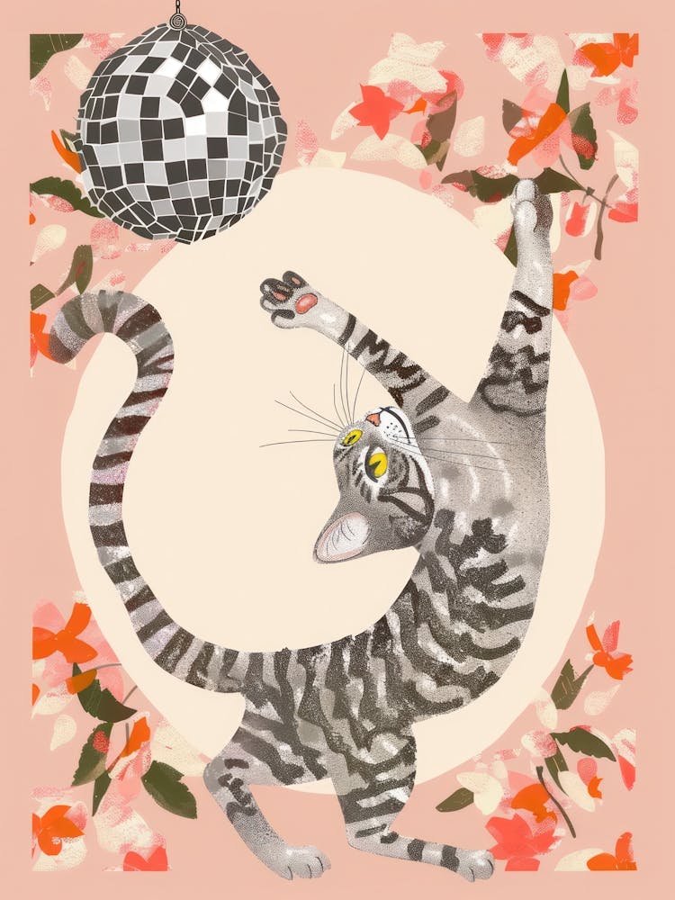 Disco Cat Checkerboard Floral Whimsical Illustration Funky Dopamine