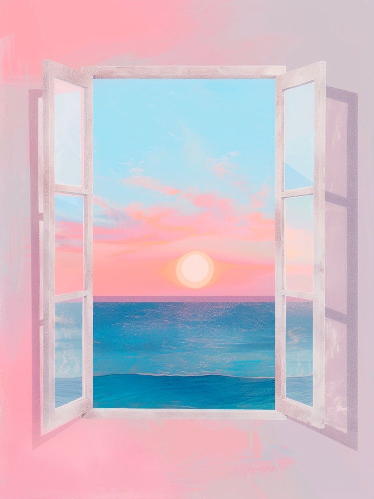 Pink Sunset From The Window. Gouache Landscape Illustration
