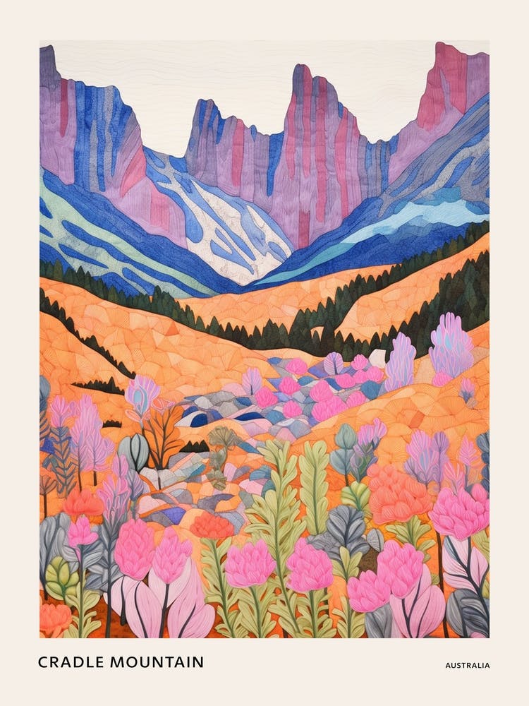 Cradle Mountain Australia 3 Colourful Mountain Illustration Poster