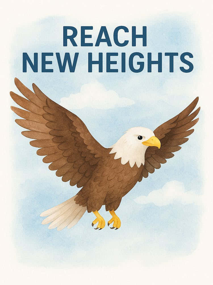 Motivational Eagle Wall Art – “Reach New Heights” Inspirational Quote Print | Bald Eagle Poster for Office or Classroom Decor