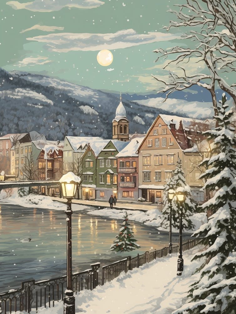 Vintage Winter Illustration Bergen Norway 1