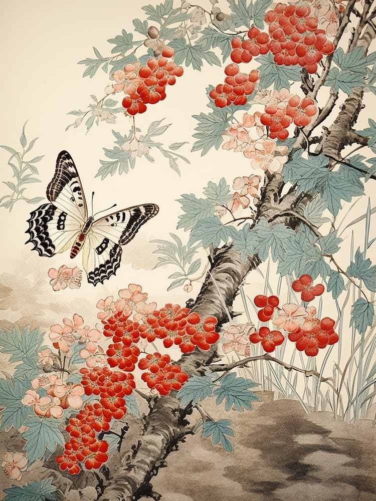 Butterfly With Cranberries Japanese Style Painting 1
