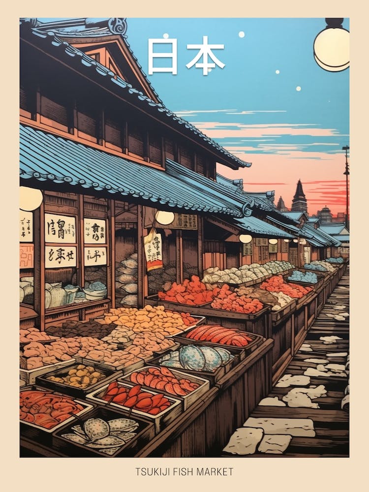 Tsukiji Fish Market, Japan Vintage Travel Art 1 Poster
