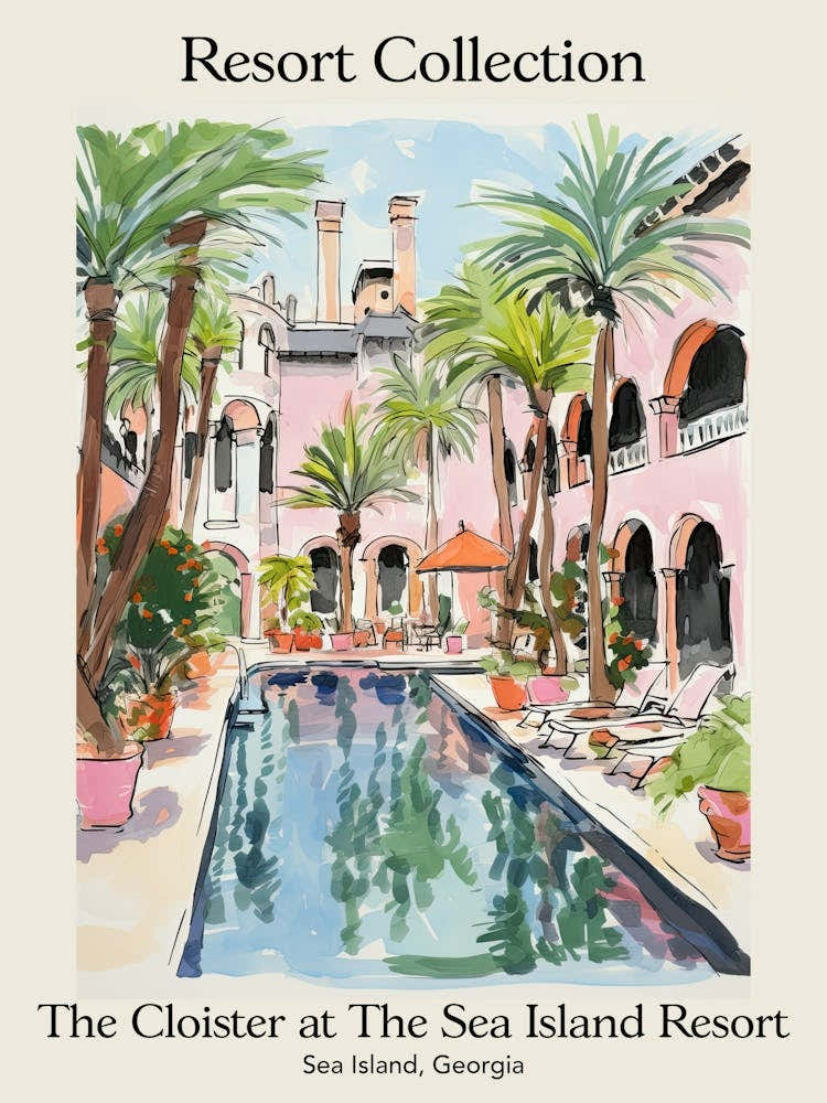 Poster Of The Cloister At The Sea Island Resort Collection   Sea Island, Georgia   Resort Collection Storybook Illustration 2