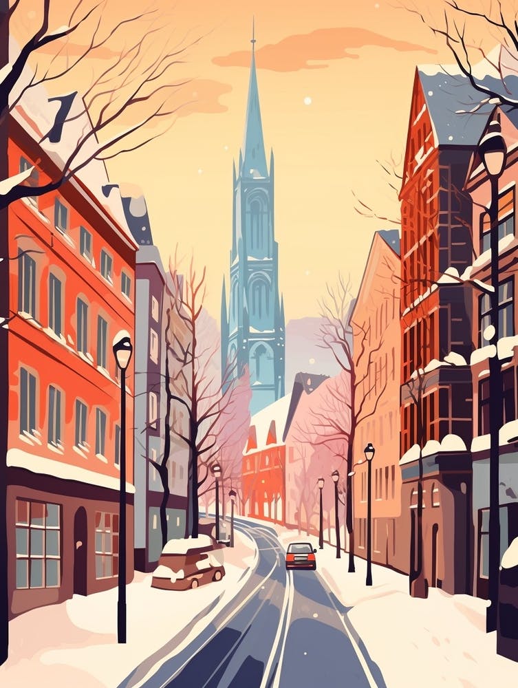 Vintage Winter Travel Illustration Frankfurt Germany 1