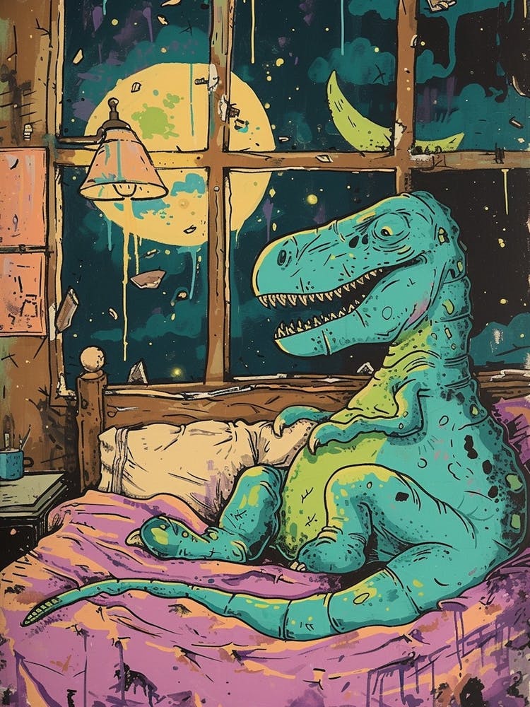 Dinosaur Snoozing In Bed At Night Abstract Illustration 1