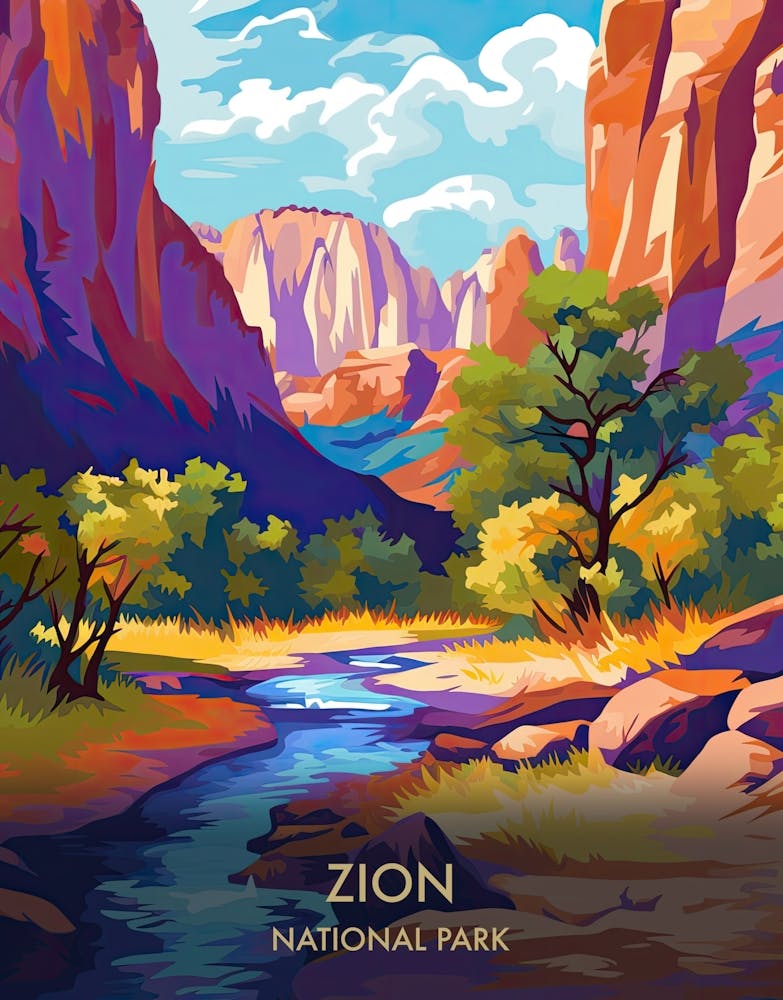 Zion National Park Travel Poster Illustration Style 1
