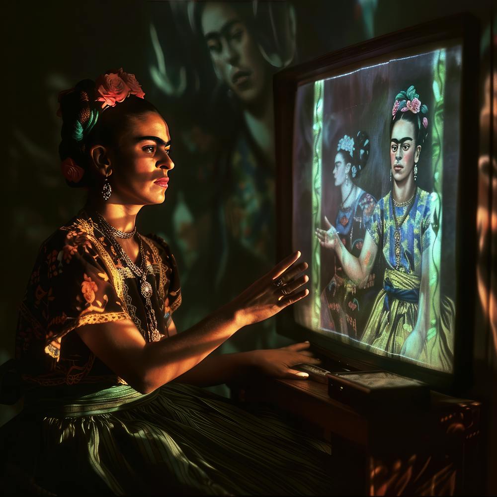 Digital Frida Series. Frida Kahlo at Her Computer at Night