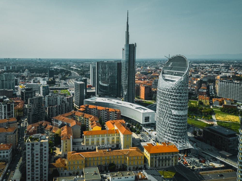 Milan Skyline with Traffic and Skyscrapers, Italy City Print