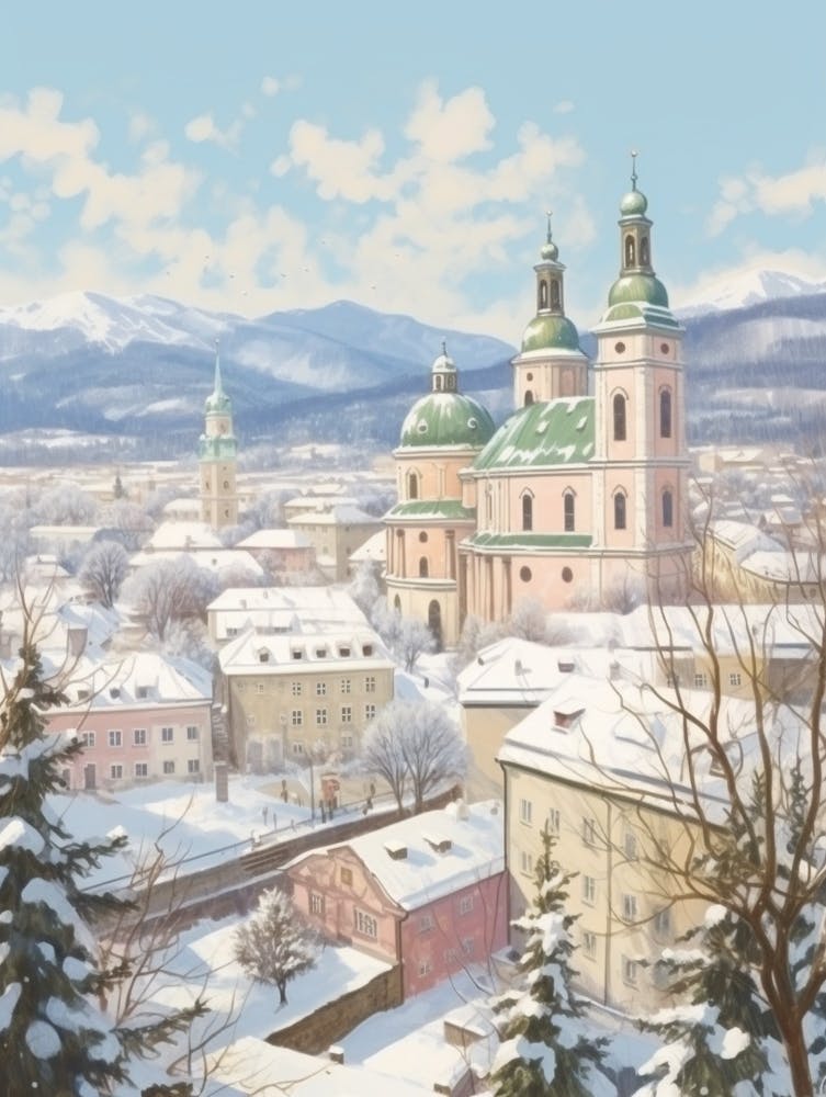 Vintage Winter Illustration Salzburg Austria 4